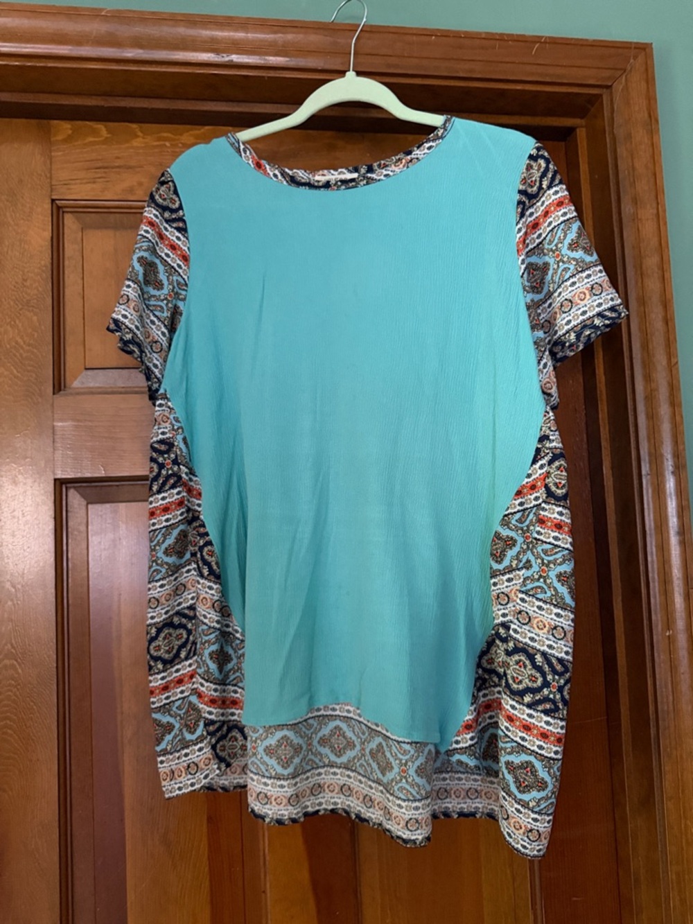 Umgee Turquoise Short Sleeve Tunic with Patterned Panels